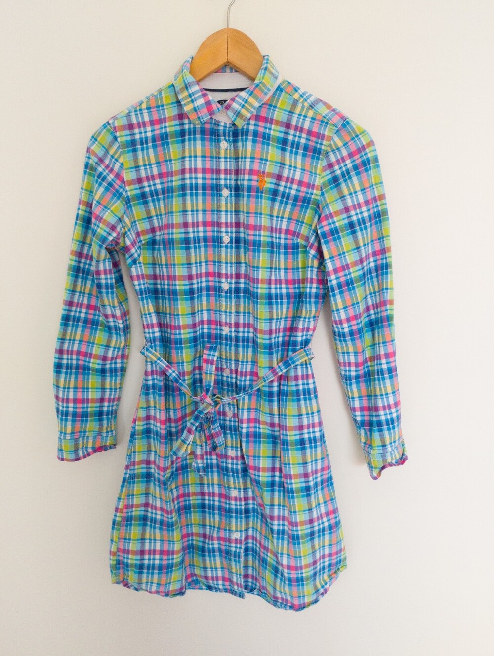 U.S. Polo Assn Bright Plaid Belted Shirt Dress XS Preppy Madras Button Down
